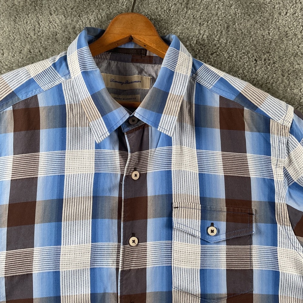 Tommy Bahama Button Down Shirt Mens Large Blue Brown Plaid Cotton Silk Blend